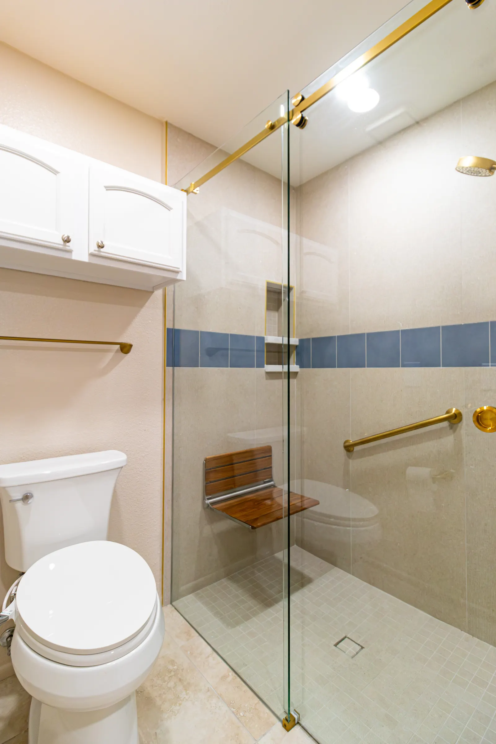 Bathroom with a glass-enclosed curbless shower, teak seat, brass grab bars and a comfort-height toilet