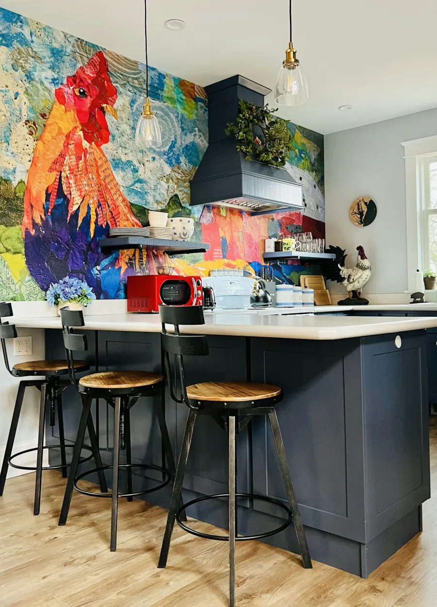 Hand-painted mural wall in a kitchen