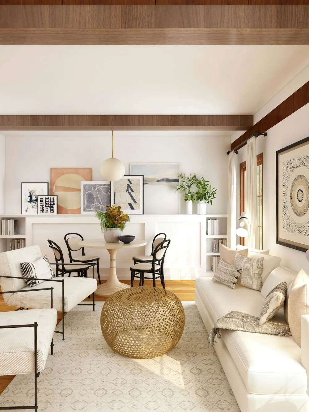 Beach house living room in white and natural wood
