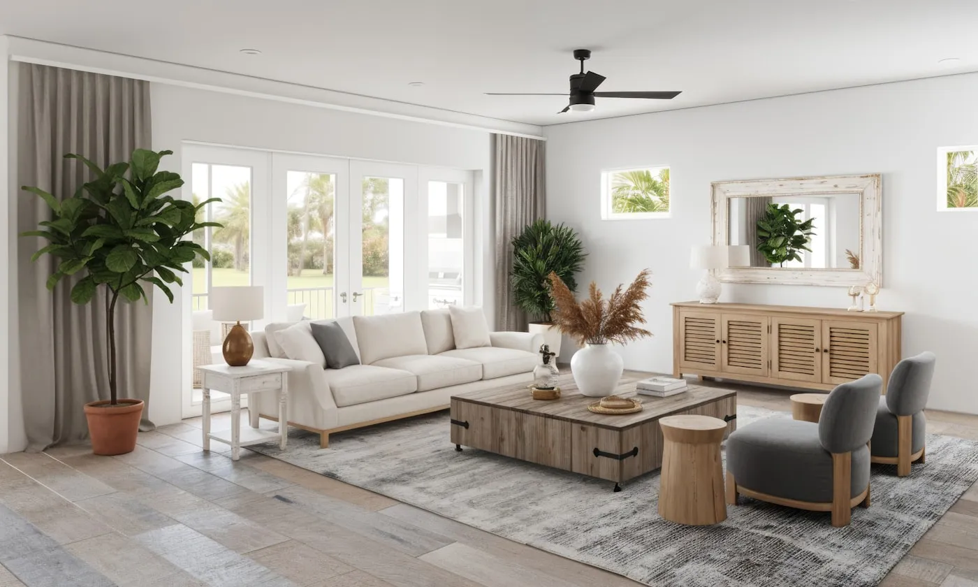Coastal living room in soft neutrals with natural light