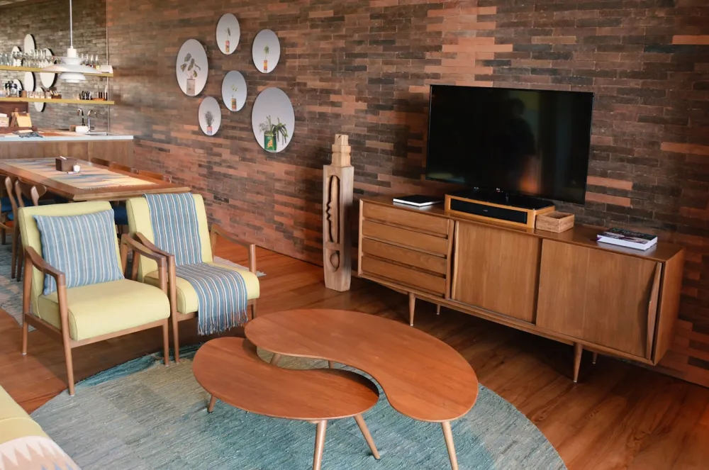 Mid-century credenza with tapered legs and a kidney coffee table