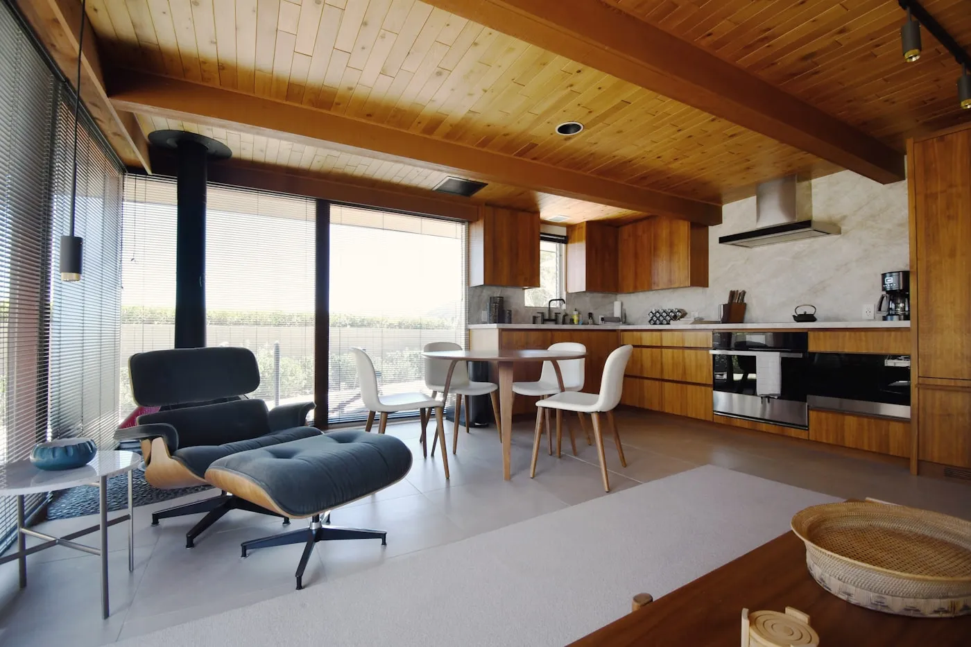Mid-century modern living room with a wood-panelled ceiling