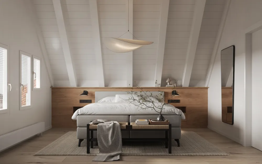 Scandinavian bedroom with a pale wood headboard
