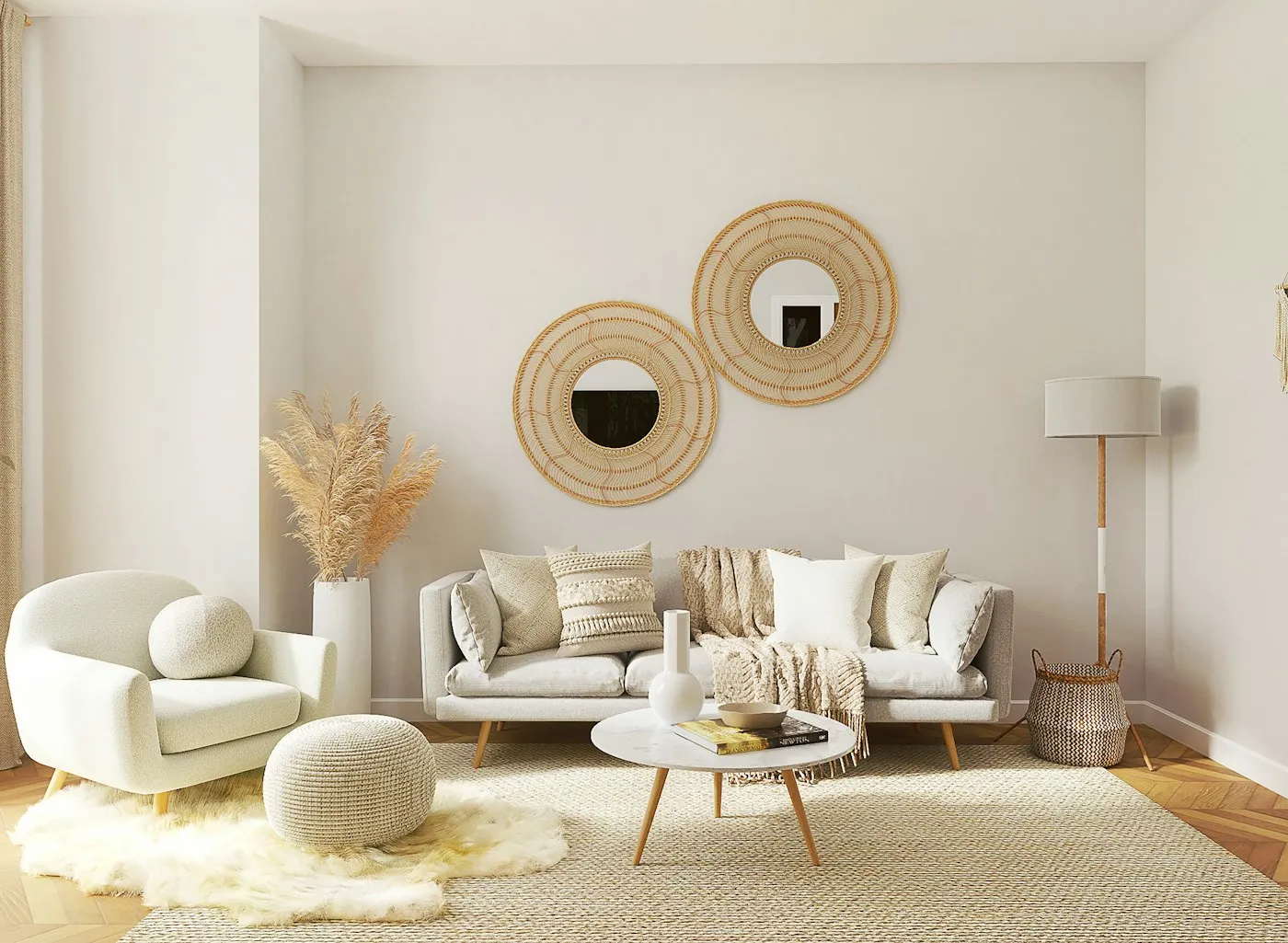 Scandinavian living room with bouclé seating and a jute rug